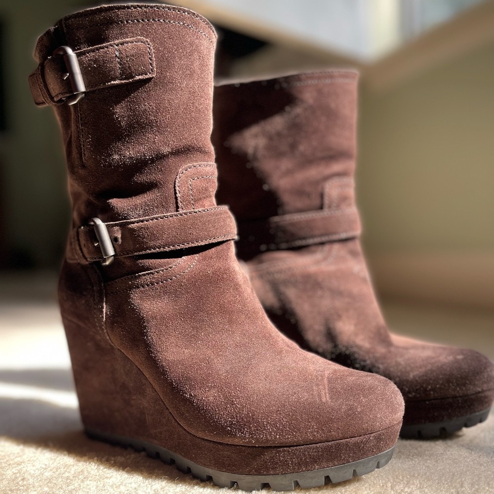 Prada suede wedge boots - mid calf